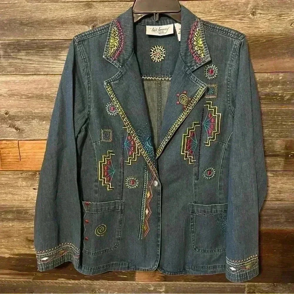 Blair Two Twenty Jacket Womens Size Small Blue Denim Embroidered Aztec - Picture 1 of 9
